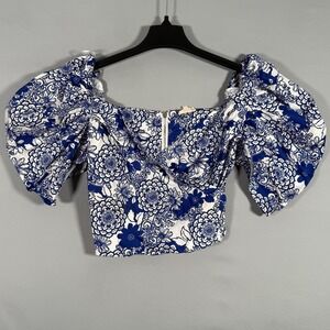 NWT Tea & Cup Los Angeles Women Small Crop Top Zip Back Blue Flowers White Sexy